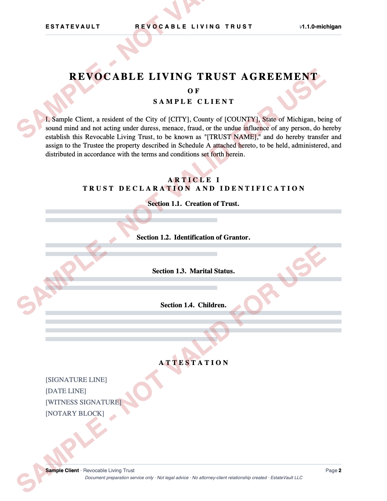 Revocable Living Trust sample, page 2 of 2. Watermarked: sample, not valid for use.